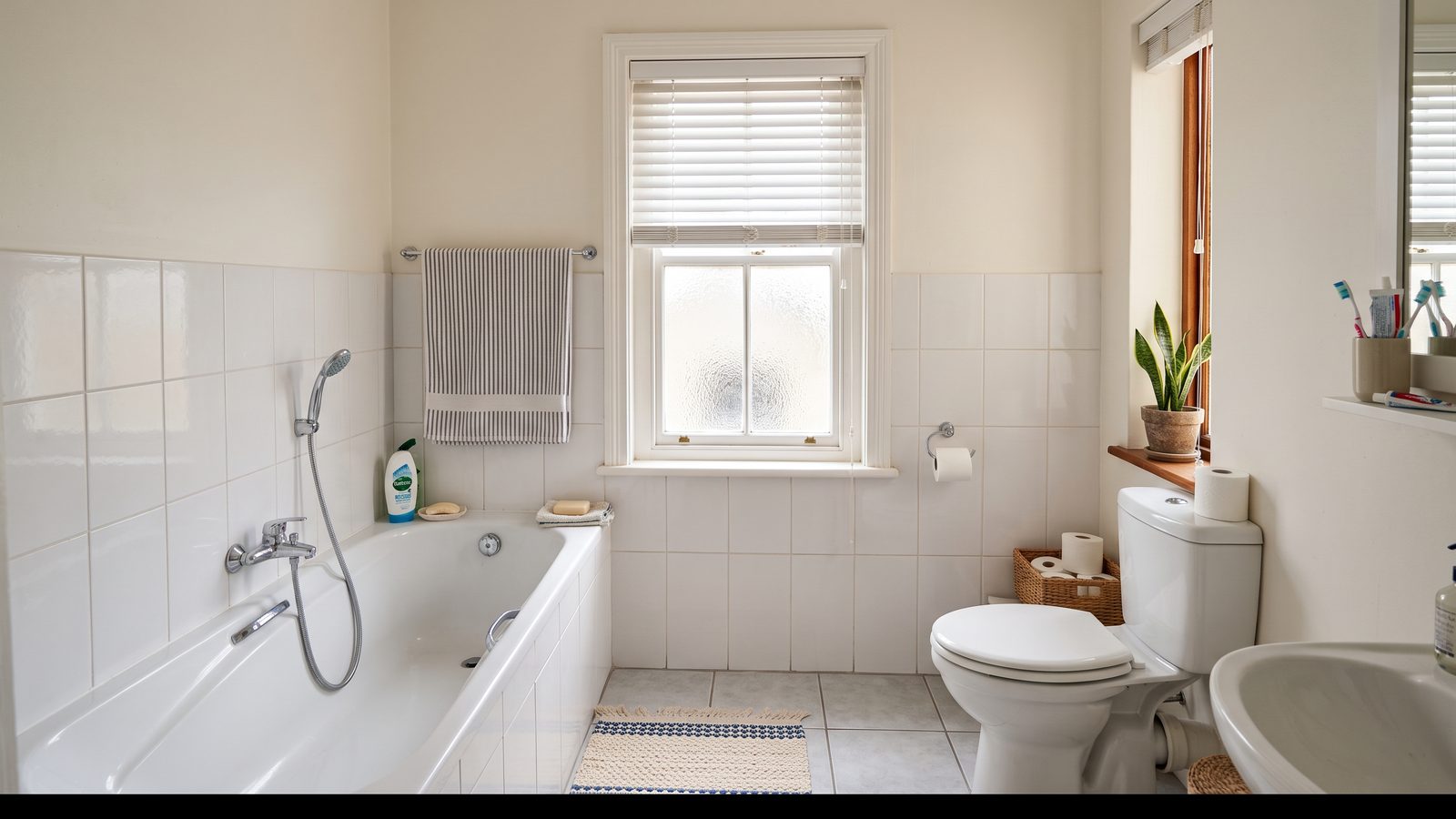 A narrow white faux-wood venetian blind on a high frosted window