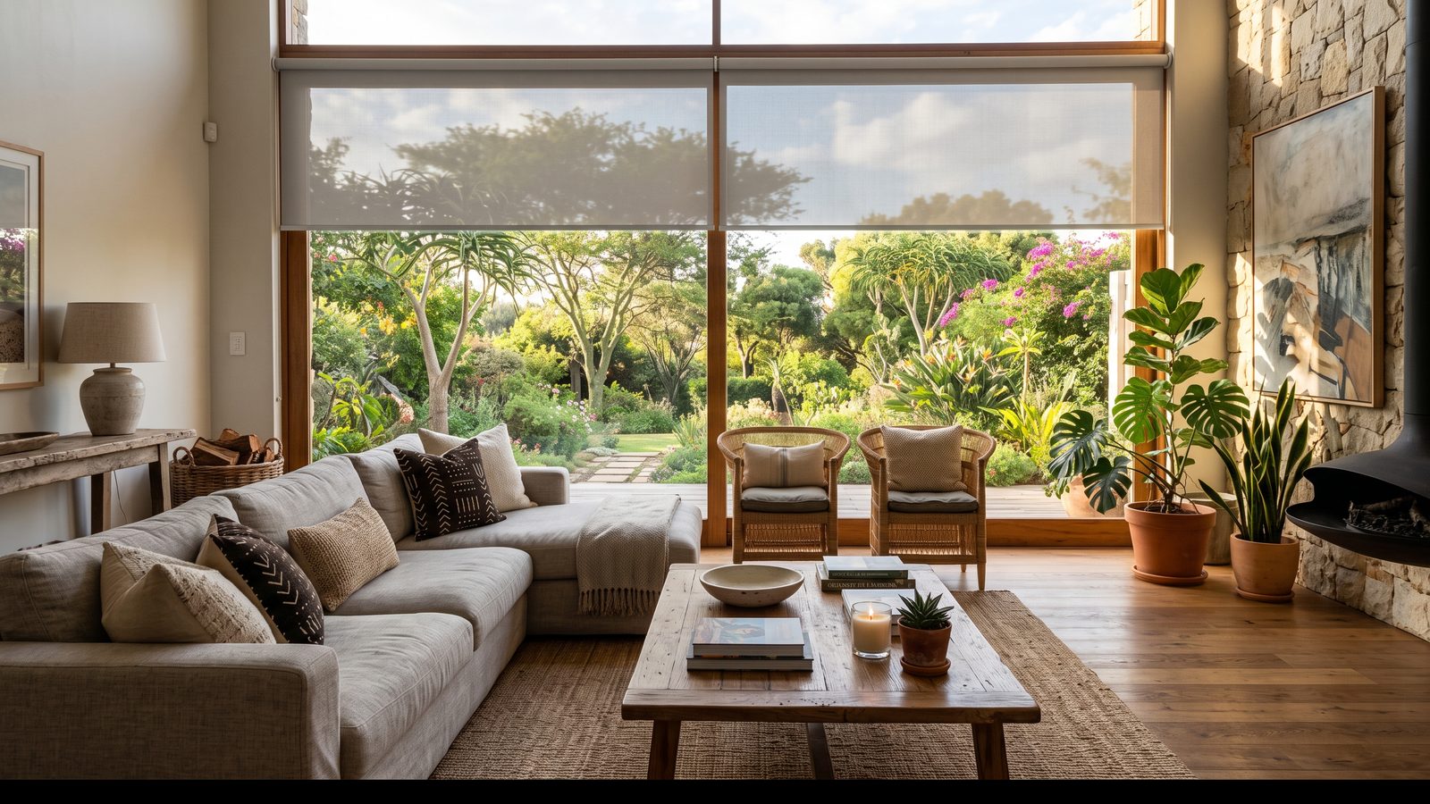 Light grey sunscreen roller blind half lowered on a large living room window above a linen sofa