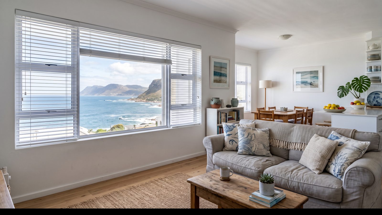 White aluminium venetian blinds on a window with a distant water view