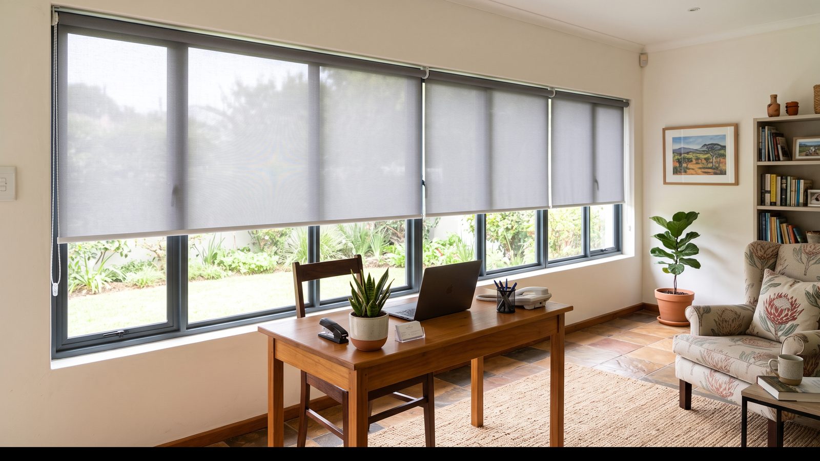 Plain grey roller blinds across a wide commercial window