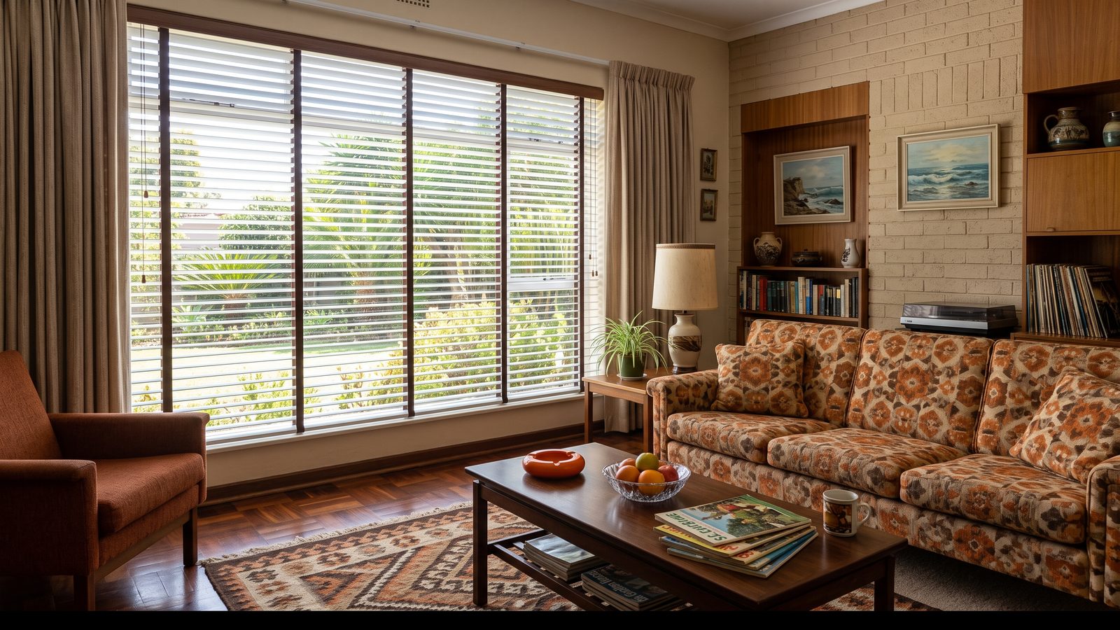 Faux-wood venetian blinds with wide white slats on a broad window