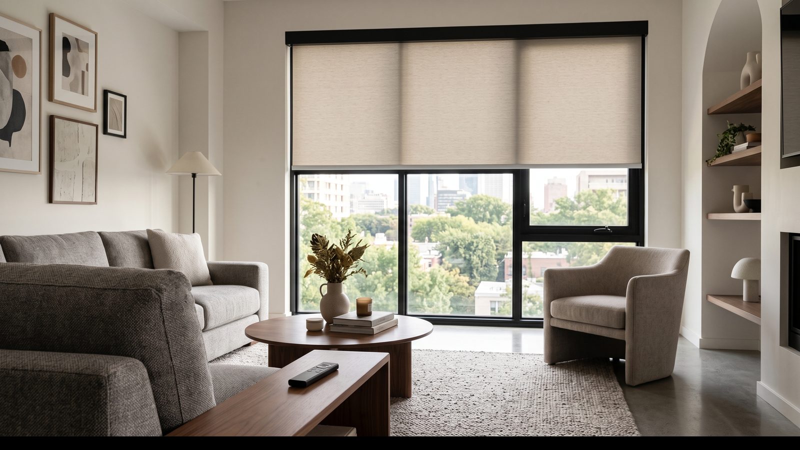 Cordless motorised roller blind half lowered on a large window with a slim remote on the sofa arm
