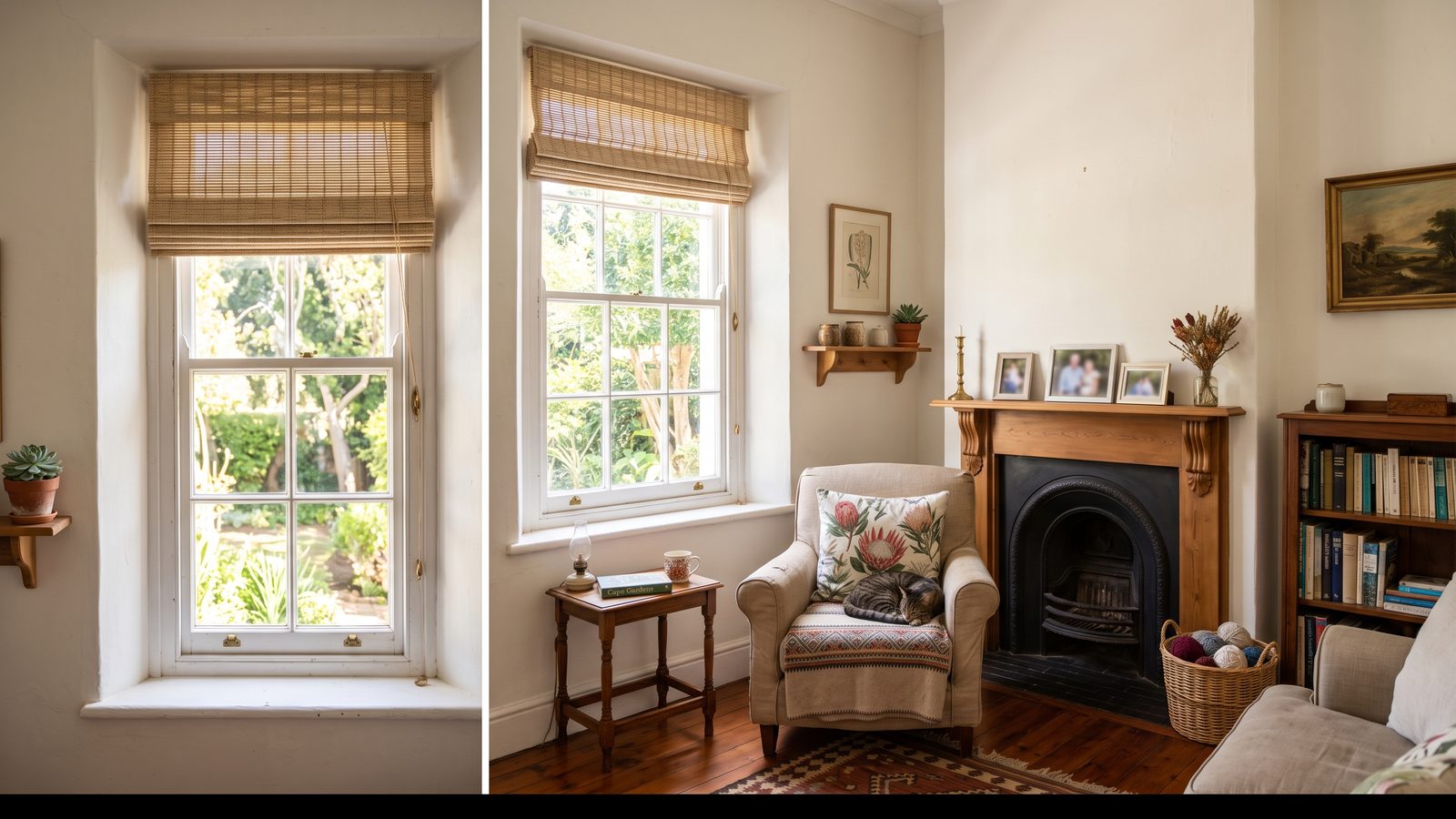 A natural-weave roman blind gathered above a tall narrow sash window