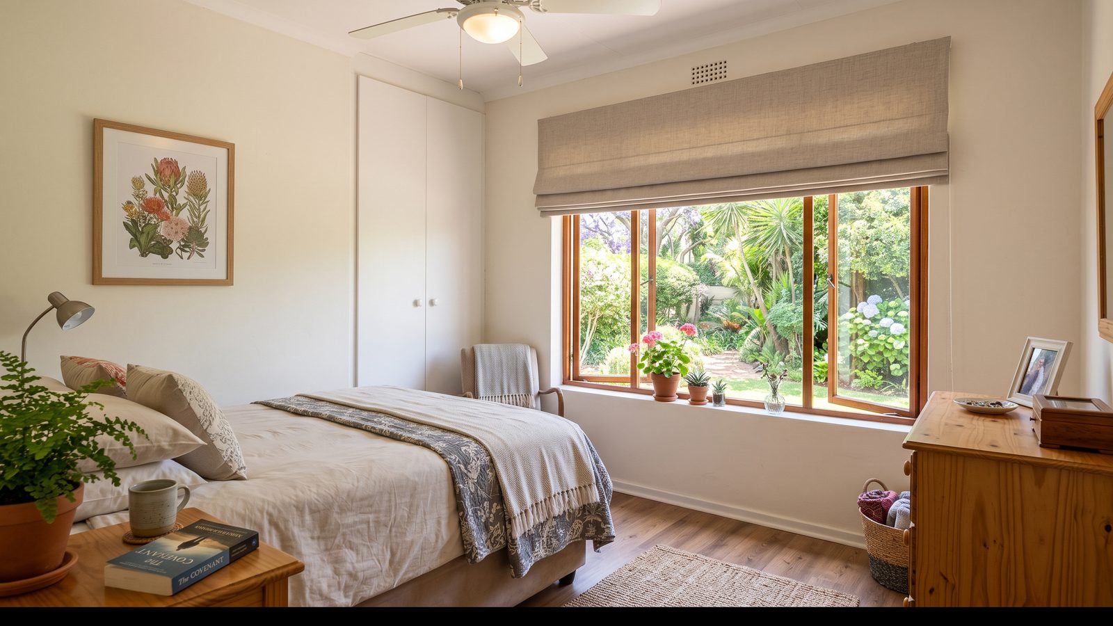 A soft dim-out roman blind half raised over a garden-facing window