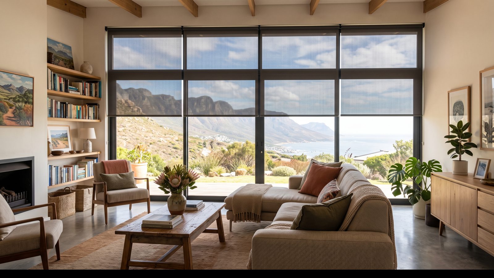 Floor-to-ceiling sunscreen roller blinds on a wide view window