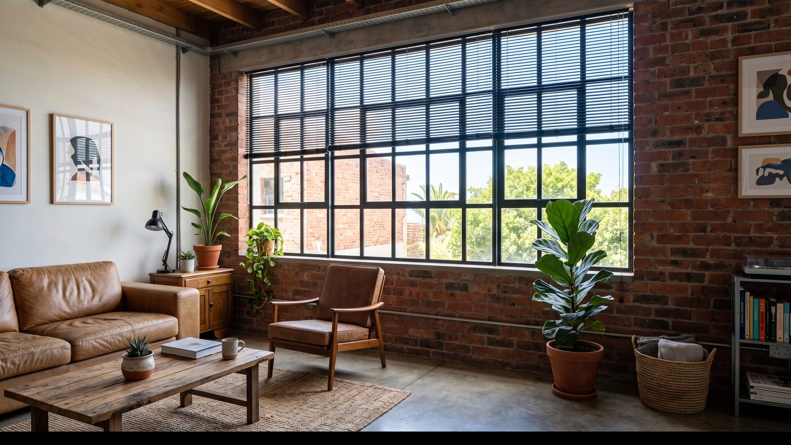 Black aluminium venetian blinds on a large steel-framed industrial window
