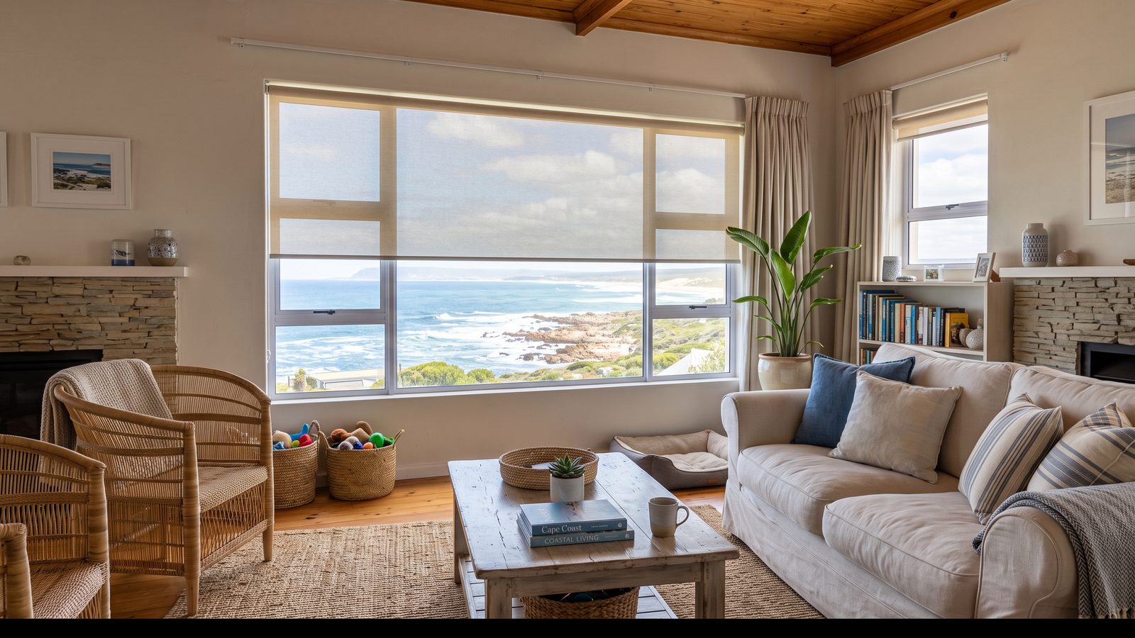 A light sand roller blind half lowered on a wide window with bright coastal daylight