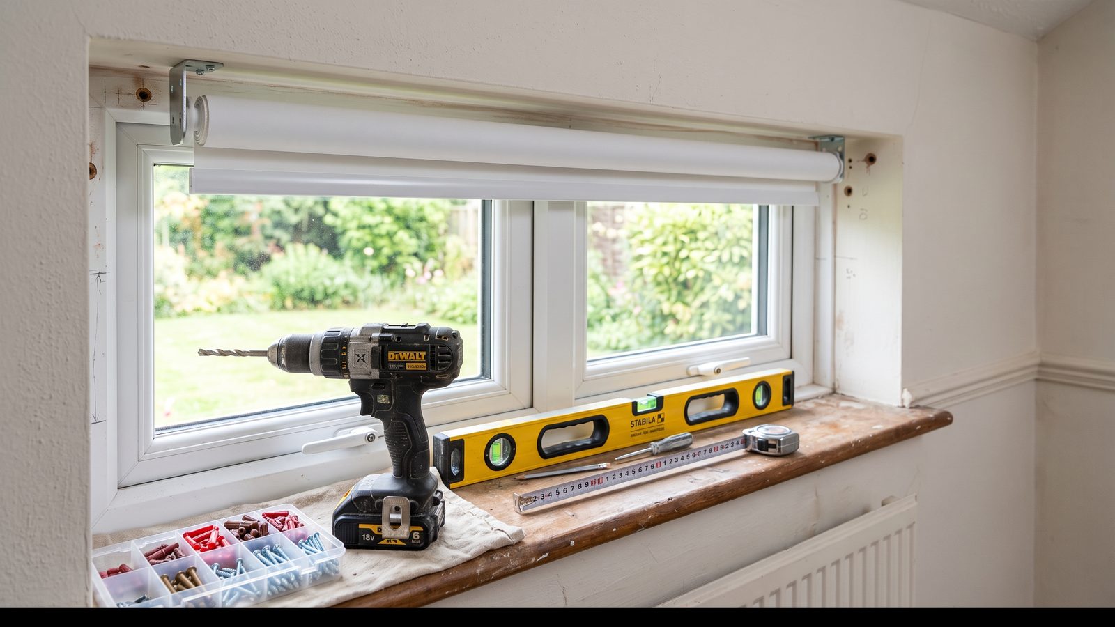 Cordless drill, spirit level and tape measure on a windowsill beside a roller blind headrail ready to be fitted