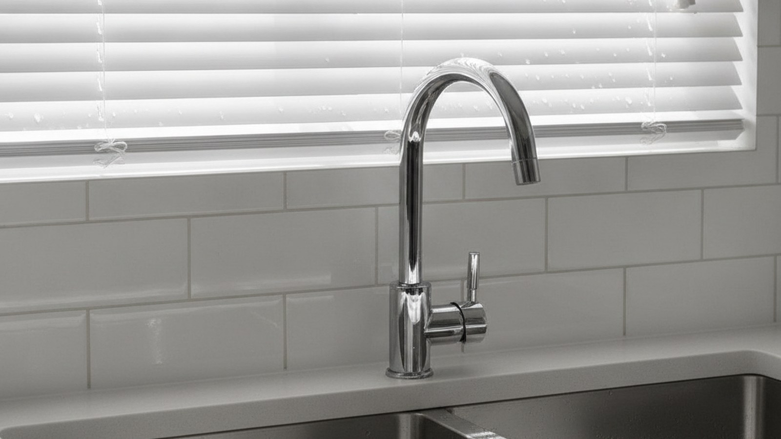 White aluminium venetian blinds above a Cape Town kitchen sink and mixer tap