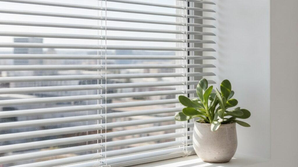 25mm silver aluminium venetian blinds tilted open on a Cape Town apartment window