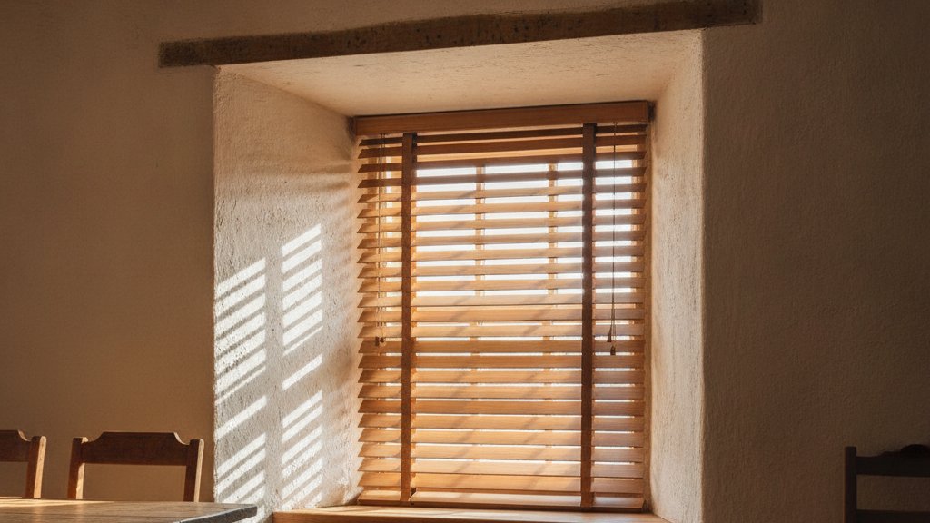 Real timber venetian blind with wide slats fitted inside a deep window reveal in a thick wall