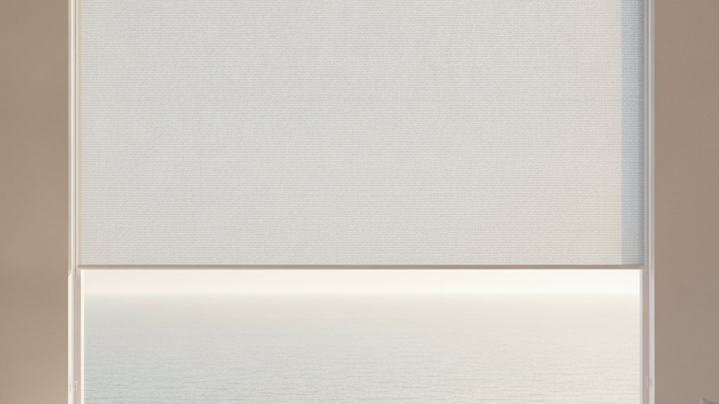 Sunscreen roller blind half lowered over a wide window with an open sea view behind it