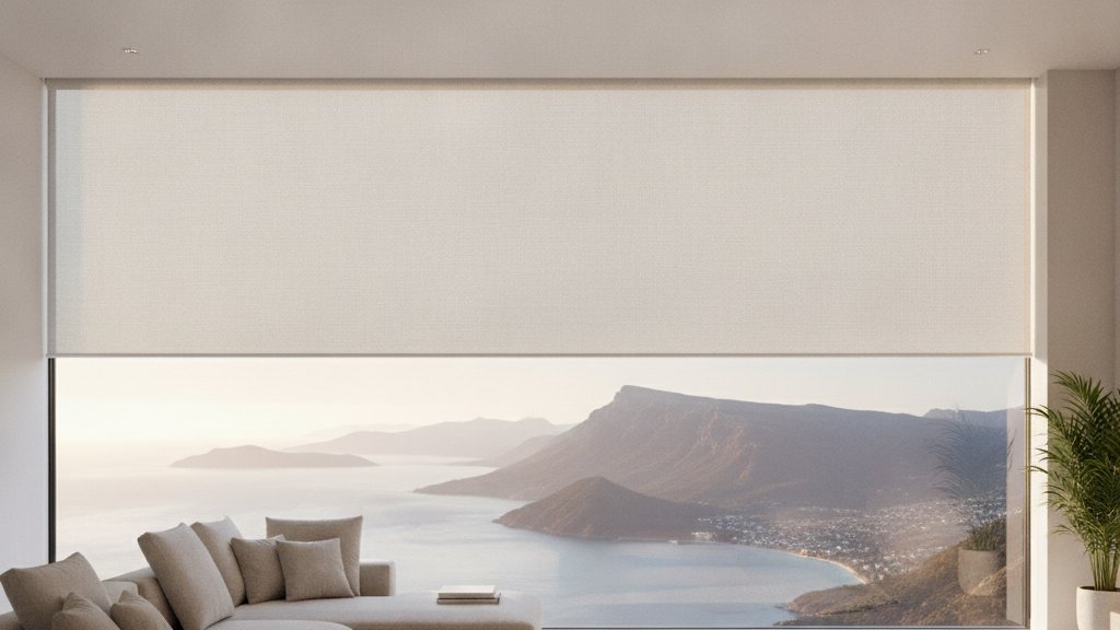 Sunscreen roller blind half lowered over a wide living-room window with a view over a bay