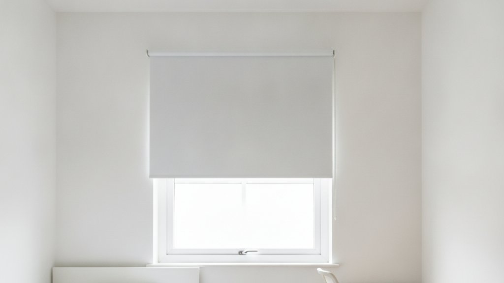 Plain white roller blind on the window of a simple furnished let bedroom with a desk