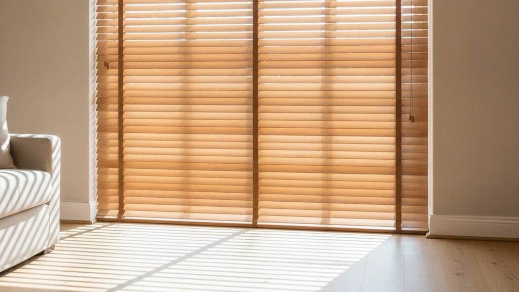 Wide 50mm basswood venetian blinds fitted inside a Cape Town living room window reveal
